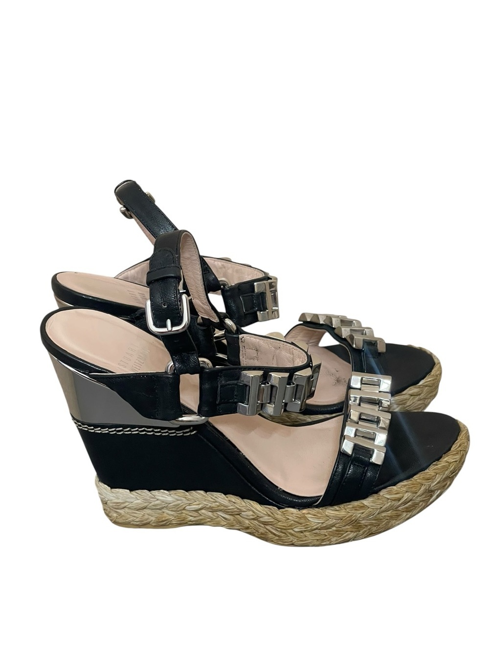 STUART WEITZMAN BLACK STEPCHAIN LEATHER WEDGE SANDALS 8 RETAIL $435.00